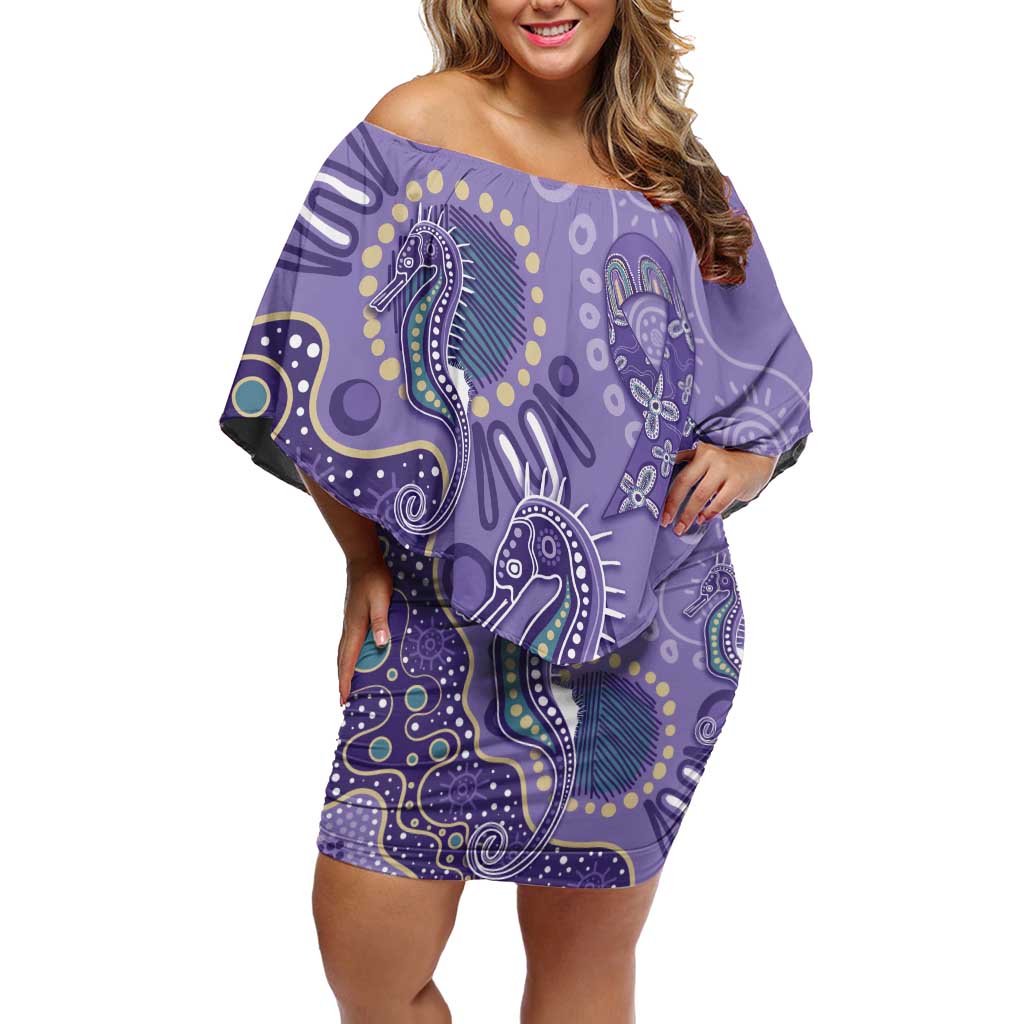 Australia Epilepsy Awareness Family Matching Off Shoulder Short Dress and Hawaiian Shirt Aboriginal Purple Ribbon with Seahorse - Aussie Hoodie