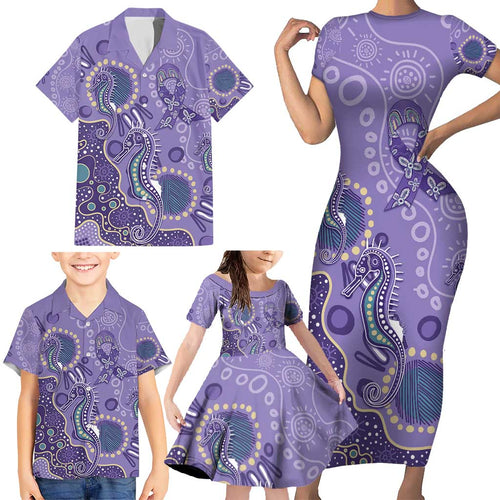 Australia Epilepsy Awareness Family Matching Short Sleeve Bodycon Dress and Hawaiian Shirt Aboriginal Purple Ribbon with Seahorse - Aussie Hoodie