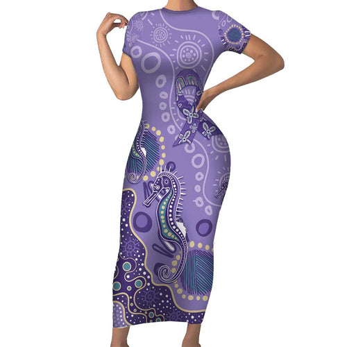 Australia Epilepsy Awareness Family Matching Short Sleeve Bodycon Dress and Hawaiian Shirt Aboriginal Purple Ribbon with Seahorse - Aussie Hoodie