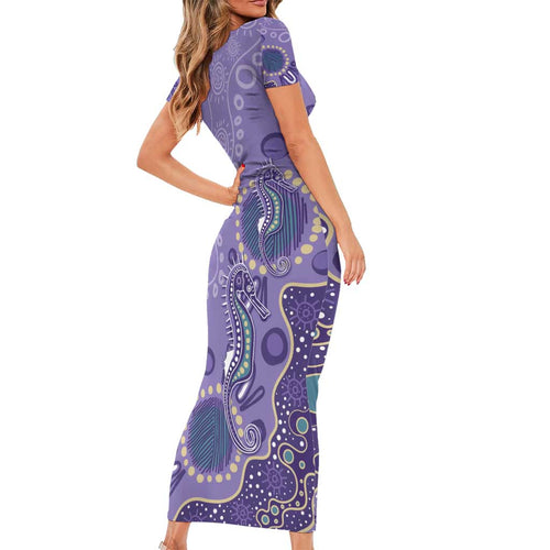 Australia Epilepsy Awareness Family Matching Short Sleeve Bodycon Dress and Hawaiian Shirt Aboriginal Purple Ribbon with Seahorse - Aussie Hoodie