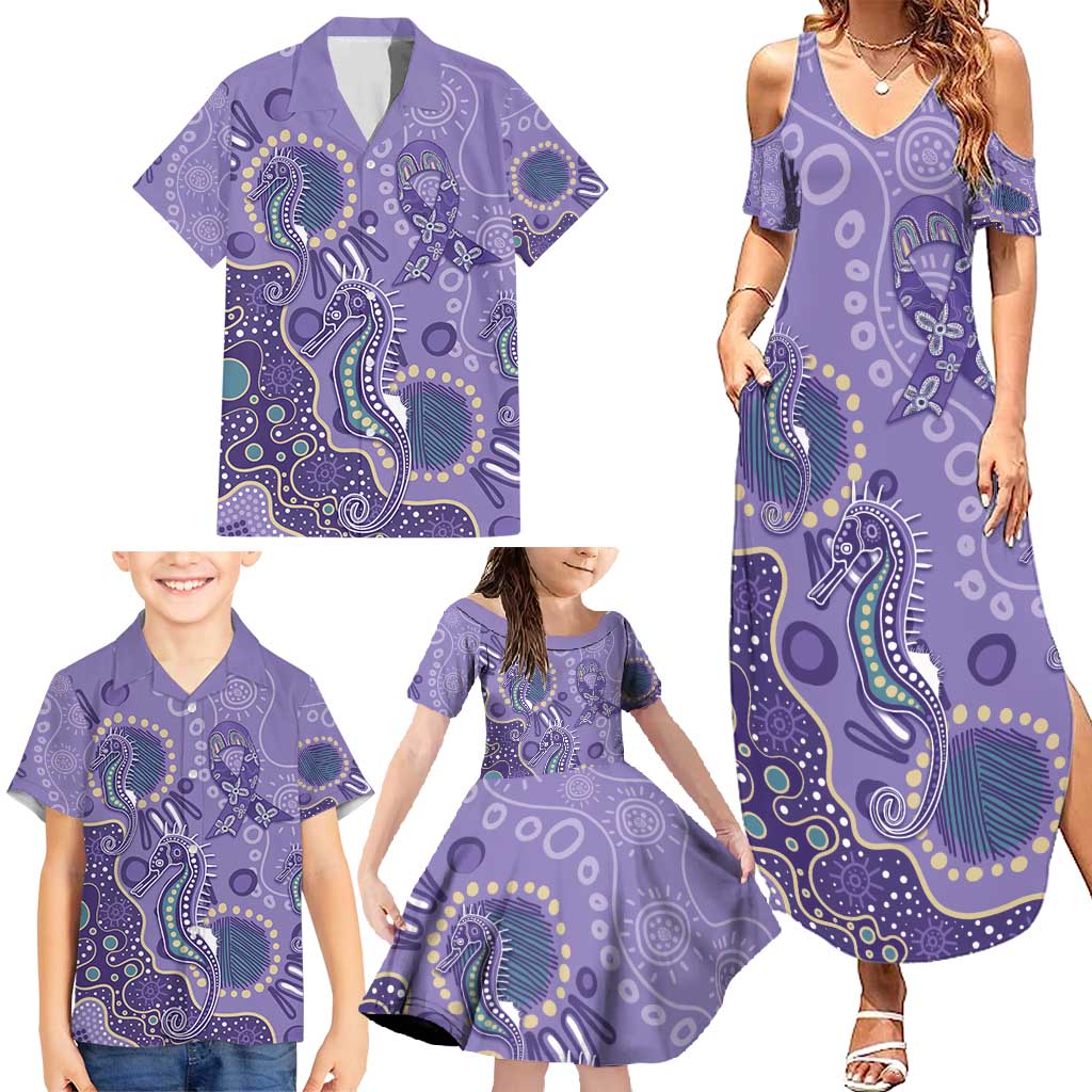 Australia Epilepsy Awareness Family Matching Summer Maxi Dress and Hawaiian Shirt Aboriginal Purple Ribbon with Seahorse - Aussie Hoodie
