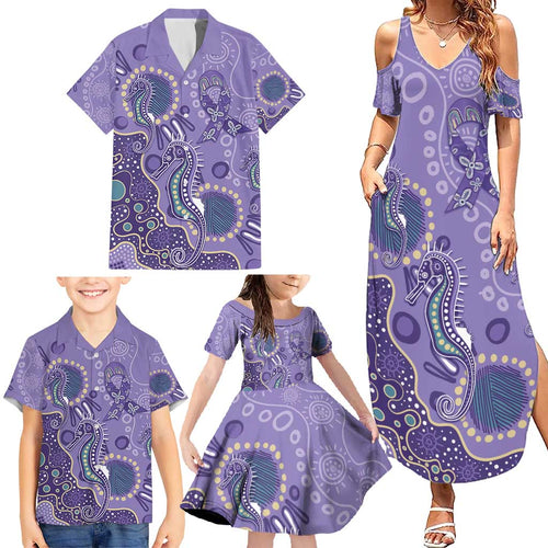 Australia Epilepsy Awareness Family Matching Summer Maxi Dress and Hawaiian Shirt Aboriginal Purple Ribbon with Seahorse - Aussie Hoodie