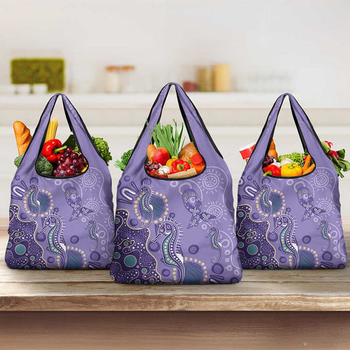 Australia Epilepsy Awareness Grocery Bag Aboriginal Purple Ribbon with Seahorse - Aussie Hoodie