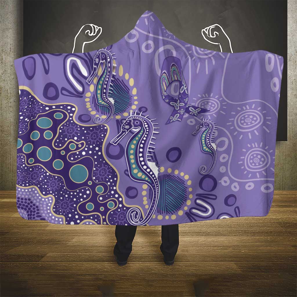 Australia Epilepsy Awareness Hooded Blanket Aboriginal Purple Ribbon with Seahorse - Aussie Hoodie