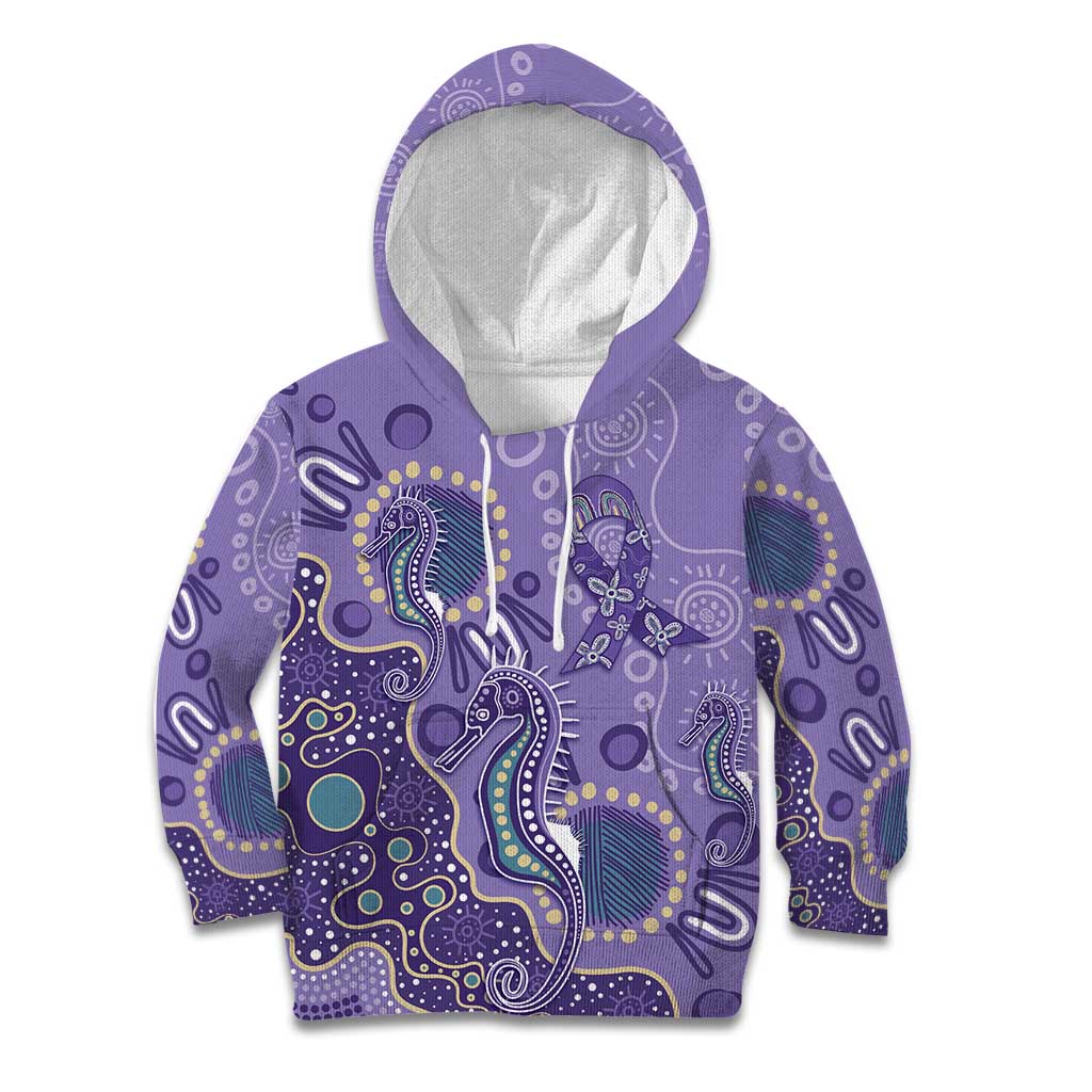 Australia Epilepsy Awareness Kid Hoodie Aboriginal Purple Ribbon with Seahorse - Aussie Hoodie