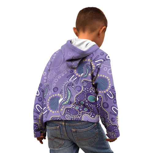 Australia Epilepsy Awareness Kid Hoodie Aboriginal Purple Ribbon with Seahorse - Aussie Hoodie
