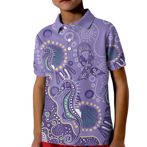 Australia Epilepsy Awareness Kid Polo Shirt Aboriginal Purple Ribbon with Seahorse - Aussie Hoodie