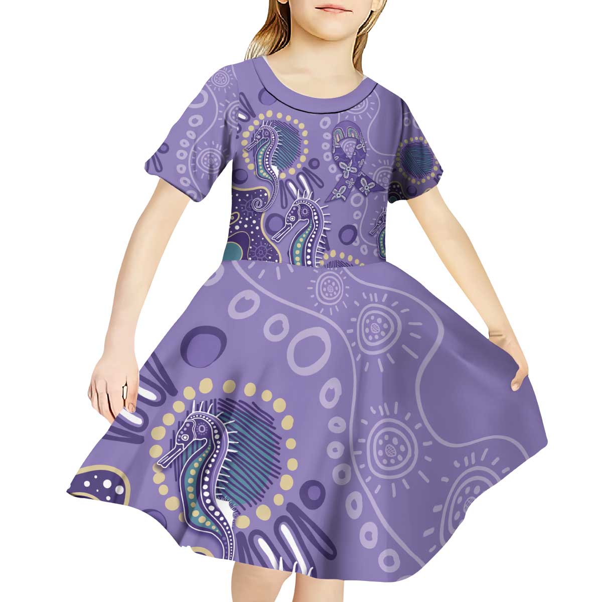 Australia Epilepsy Awareness Kid Short Sleeve Dress Aboriginal Purple Ribbon with Seahorse - Aussie Hoodie