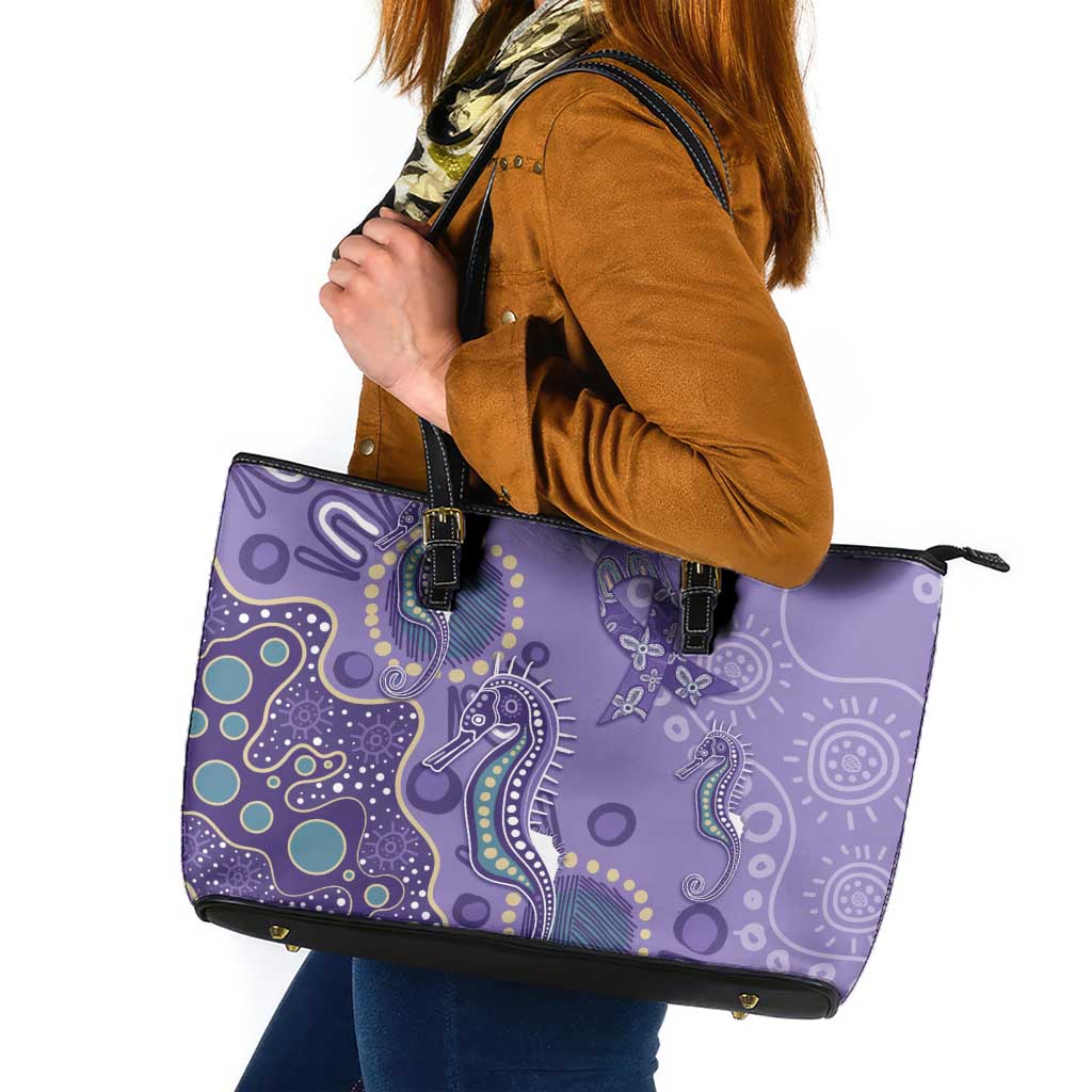 Australia Epilepsy Awareness Leather Tote Bag Aboriginal Purple Ribbon with Seahorse - Aussie Hoodie