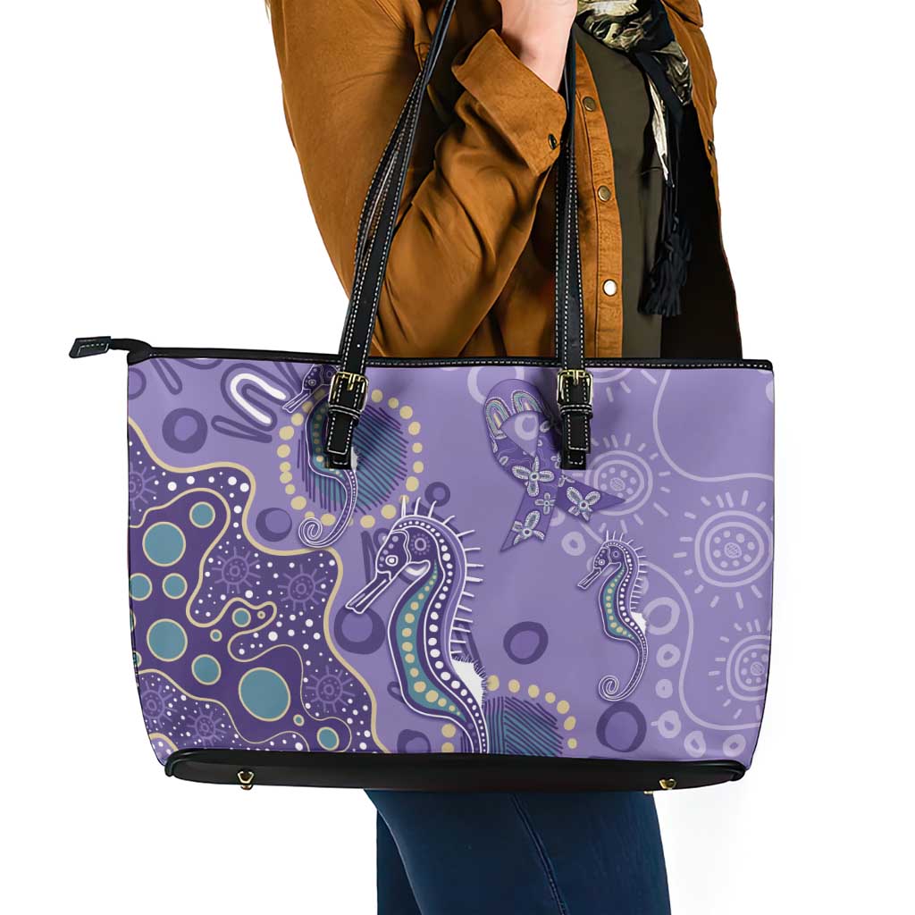 Australia Epilepsy Awareness Leather Tote Bag Aboriginal Purple Ribbon with Seahorse - Aussie Hoodie