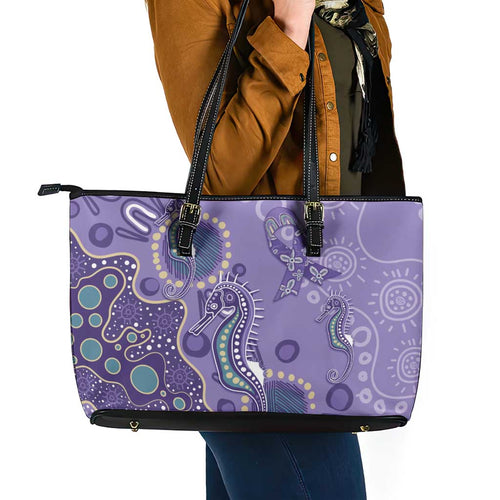 Australia Epilepsy Awareness Leather Tote Bag Aboriginal Purple Ribbon with Seahorse - Aussie Hoodie