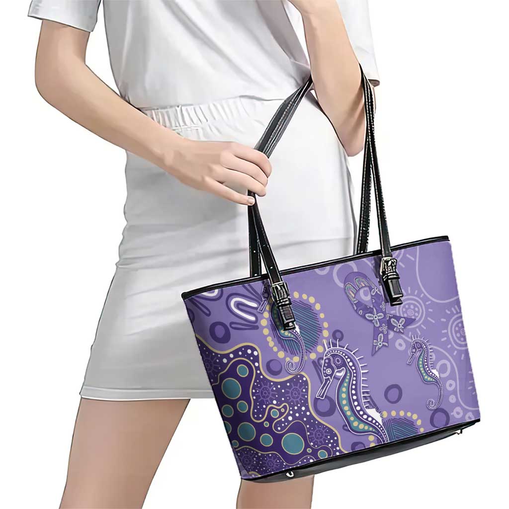 Australia Epilepsy Awareness Leather Tote Bag Aboriginal Purple Ribbon with Seahorse - Aussie Hoodie