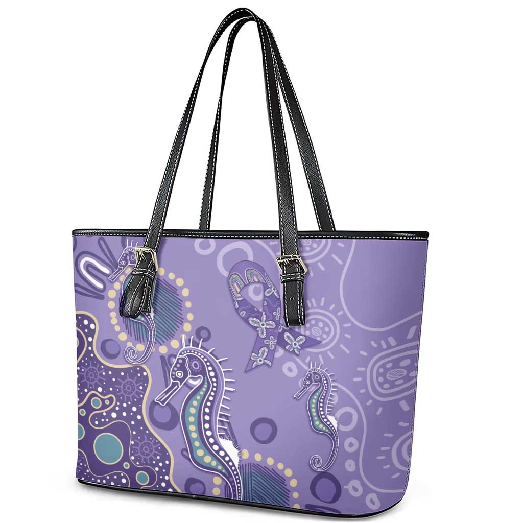 Australia Epilepsy Awareness Leather Tote Bag Aboriginal Purple Ribbon with Seahorse - Aussie Hoodie