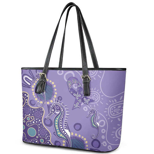 Australia Epilepsy Awareness Leather Tote Bag Aboriginal Purple Ribbon with Seahorse - Aussie Hoodie