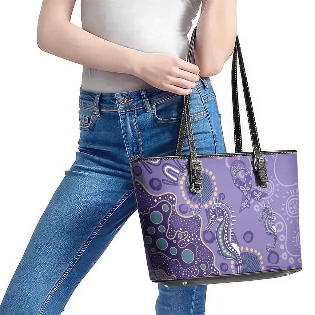 Australia Epilepsy Awareness Leather Tote Bag Aboriginal Purple Ribbon with Seahorse - Aussie Hoodie