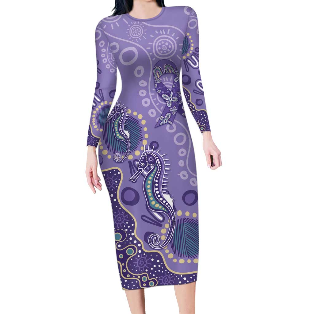 Australia Epilepsy Awareness Long Sleeve Bodycon Dress Aboriginal Purple Ribbon with Seahorse - Aussie Hoodie