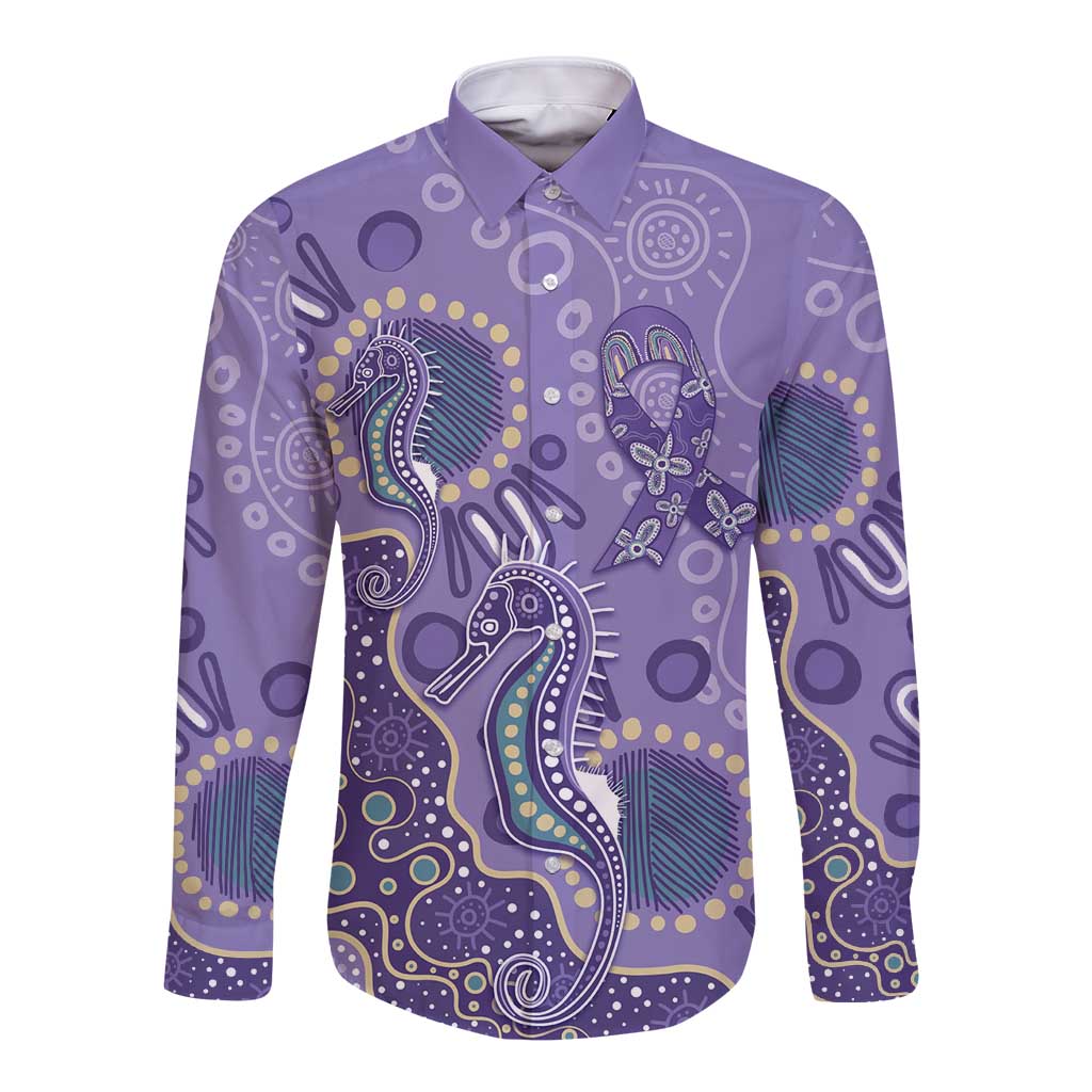Australia Epilepsy Awareness Long Sleeve Button Shirt Aboriginal Purple Ribbon with Seahorse - Aussie Hoodie
