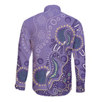 Australia Epilepsy Awareness Long Sleeve Button Shirt Aboriginal Purple Ribbon with Seahorse - Aussie Hoodie