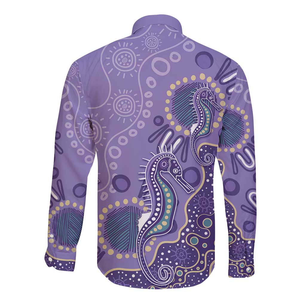 Australia Epilepsy Awareness Long Sleeve Button Shirt Aboriginal Purple Ribbon with Seahorse - Aussie Hoodie