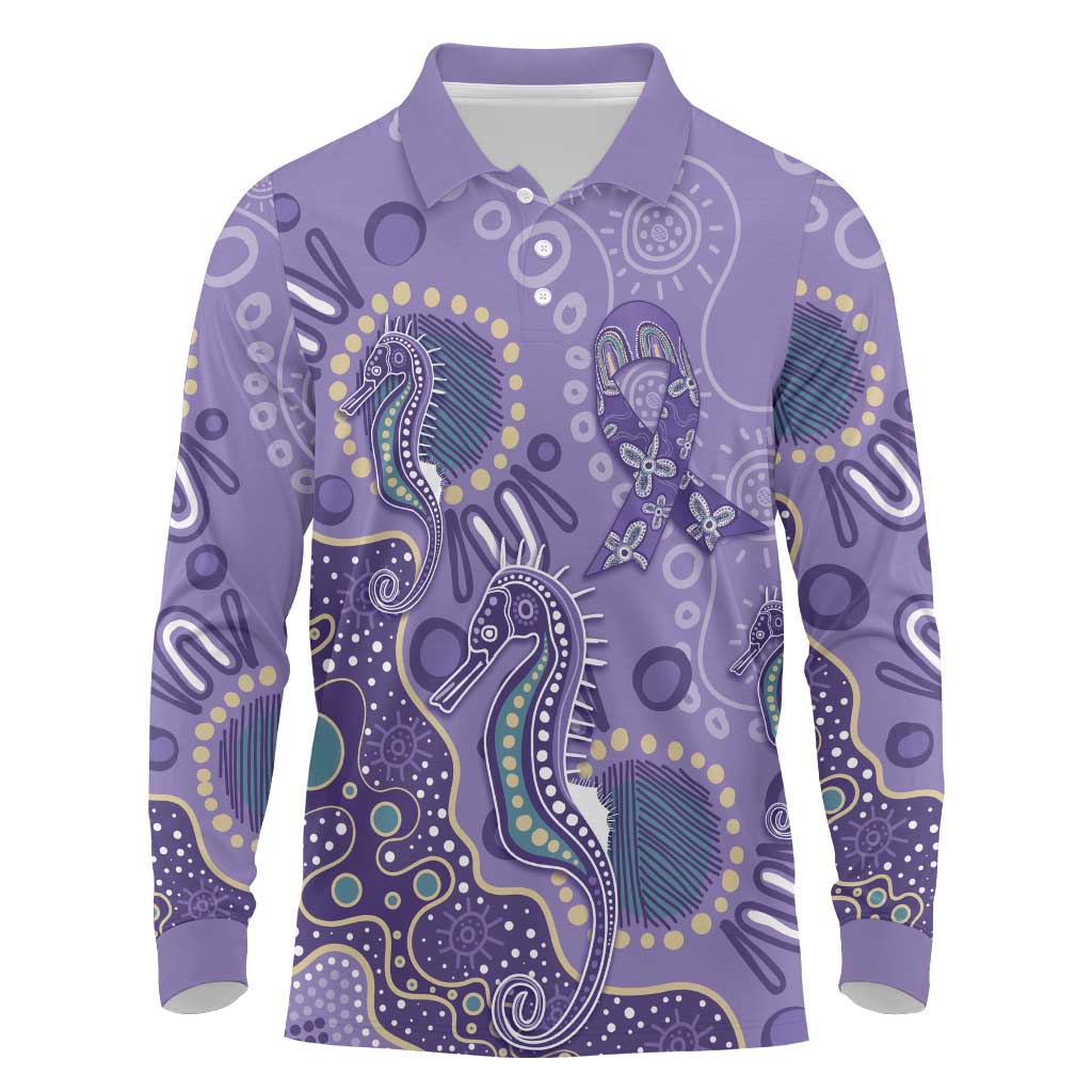 Australia Epilepsy Awareness Long Sleeve Polo Shirt Aboriginal Purple Ribbon with Seahorse - Aussie Hoodie