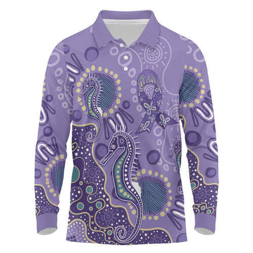 Australia Epilepsy Awareness Long Sleeve Polo Shirt Aboriginal Purple Ribbon with Seahorse - Aussie Hoodie