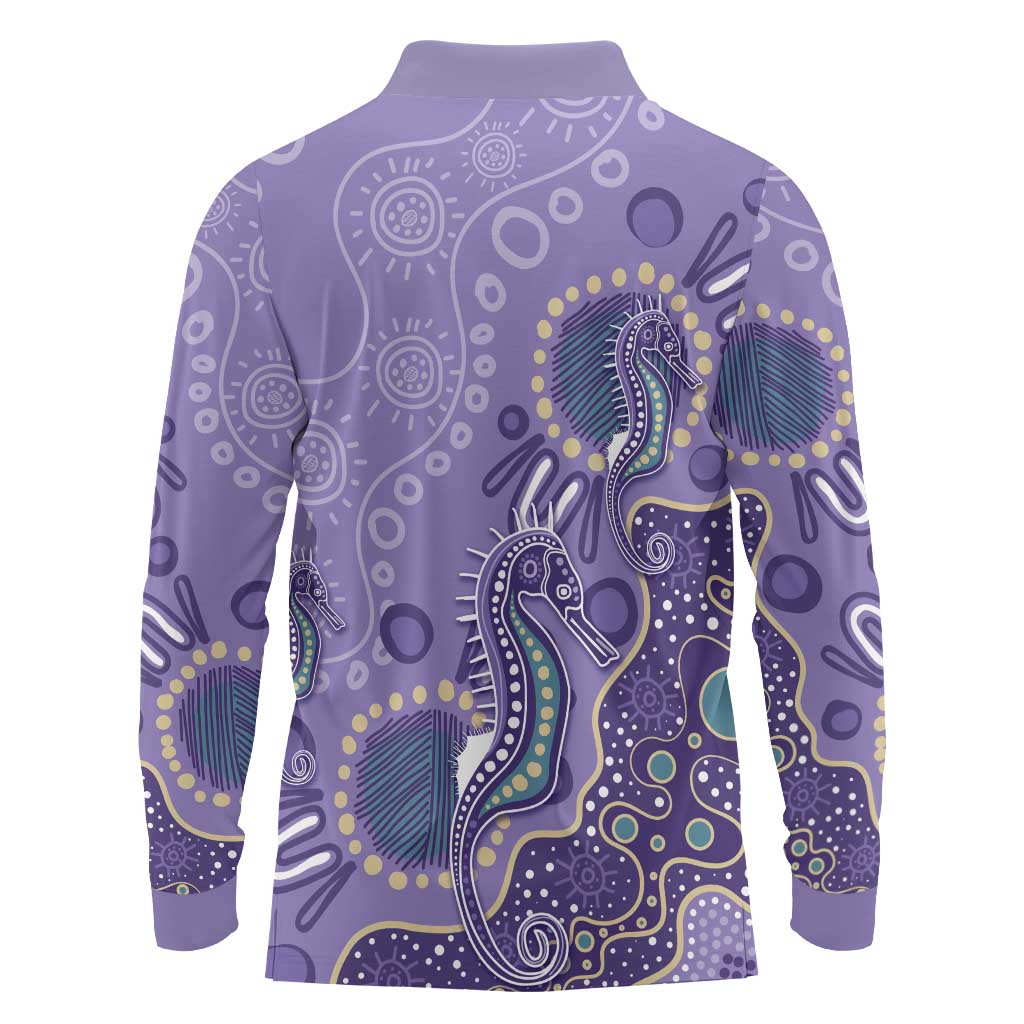 Australia Epilepsy Awareness Long Sleeve Polo Shirt Aboriginal Purple Ribbon with Seahorse - Aussie Hoodie