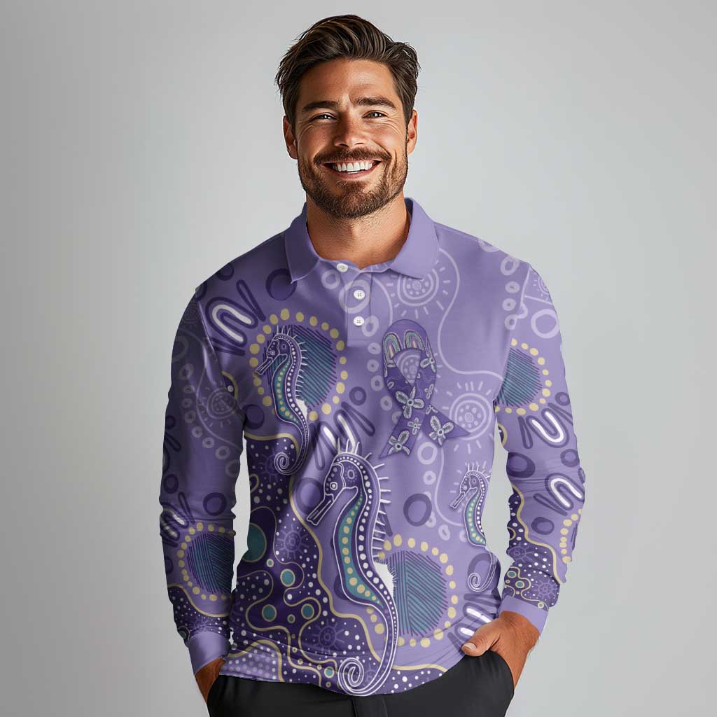 Australia Epilepsy Awareness Long Sleeve Polo Shirt Aboriginal Purple Ribbon with Seahorse - Aussie Hoodie