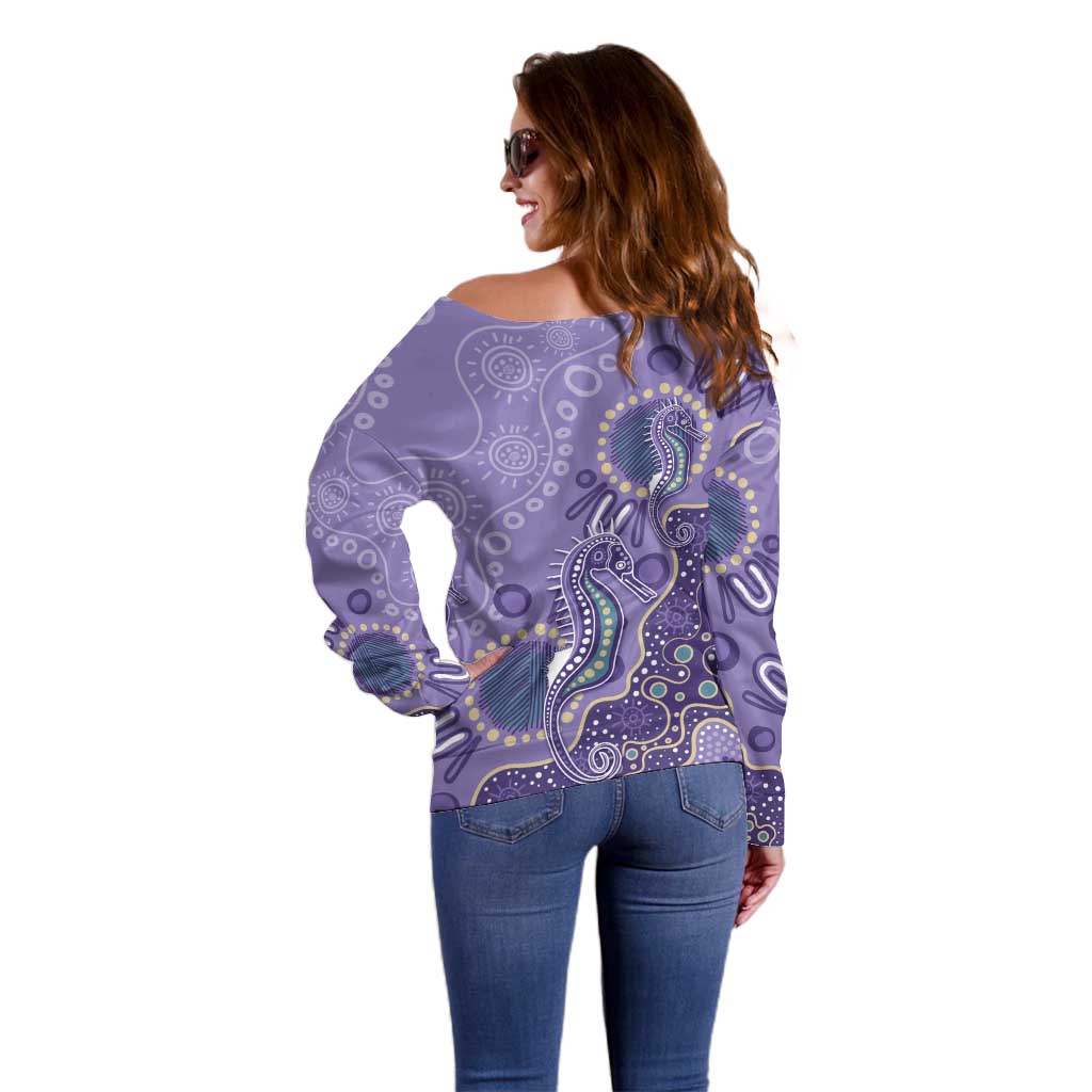 Australia Epilepsy Awareness Off Shoulder Sweater Aboriginal Purple Ribbon with Seahorse - Aussie Hoodie