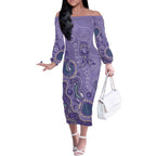 Australia Epilepsy Awareness Off The Shoulder Long Sleeve Dress Aboriginal Purple Ribbon with Seahorse - Aussie Hoodie