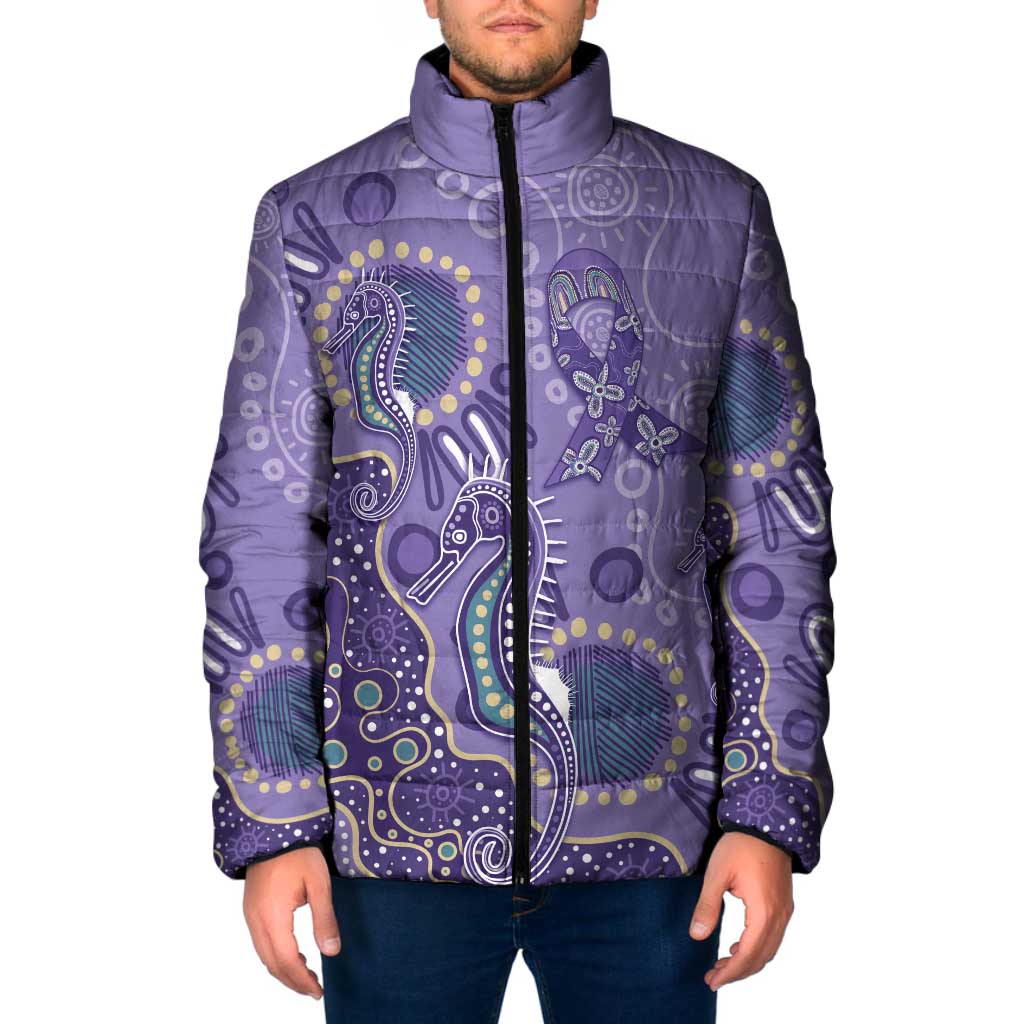 Australia Epilepsy Awareness Padded Jacket Aboriginal Purple Ribbon with Seahorse - Aussie Hoodie