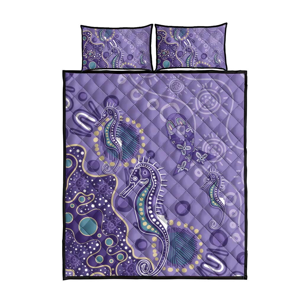 Australia Epilepsy Awareness Quilt Bed Set Aboriginal Purple Ribbon with Seahorse - Aussie Hoodie