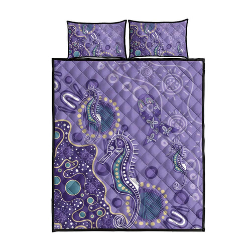 Australia Epilepsy Awareness Quilt Bed Set Aboriginal Purple Ribbon with Seahorse - Aussie Hoodie