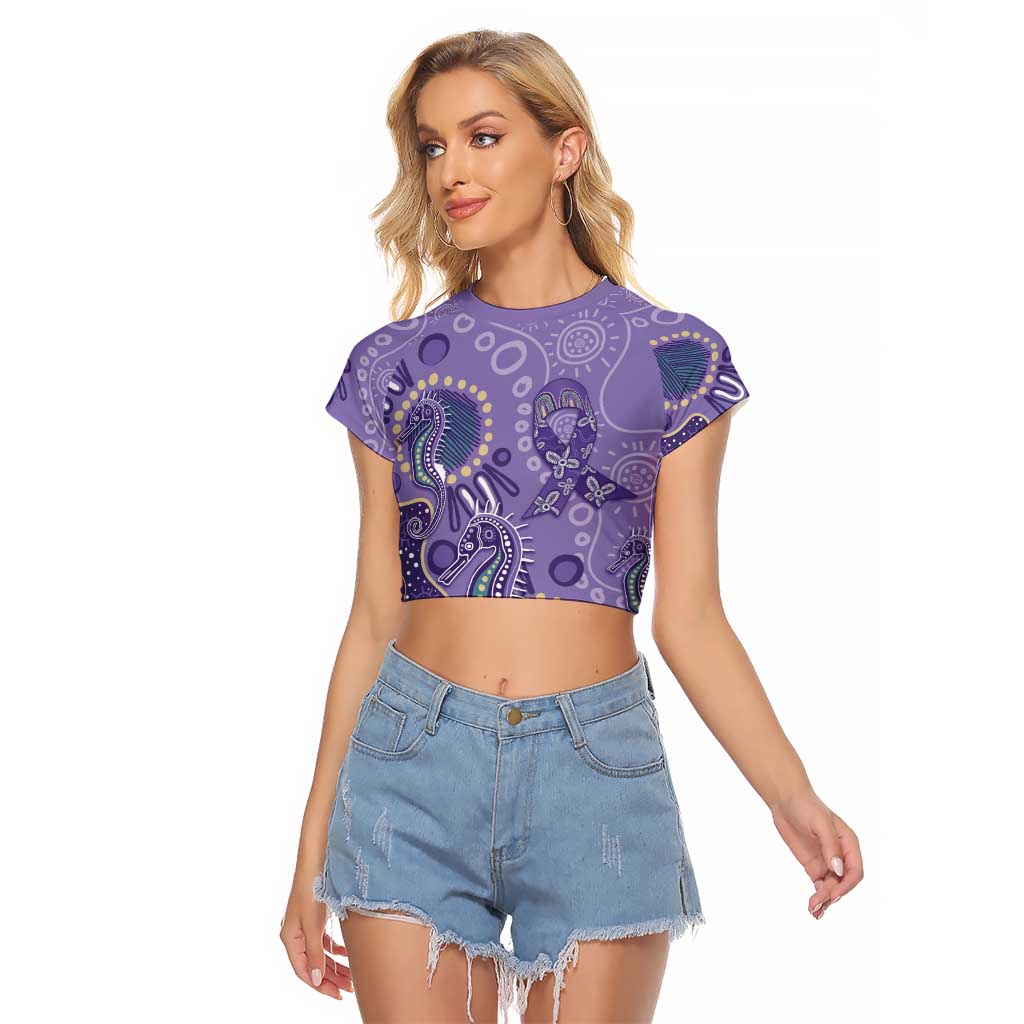 Australia Epilepsy Awareness Raglan Cropped T Shirt Aboriginal Purple Ribbon with Seahorse - Aussie Hoodie