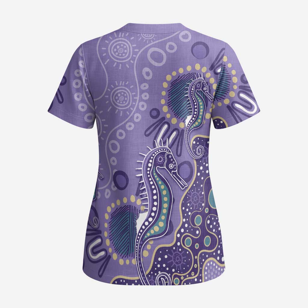 Australia Epilepsy Awareness Scrub Top Aboriginal Purple Ribbon with Seahorse - Aussie Hoodie
