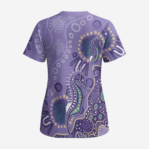 Australia Epilepsy Awareness Scrub Top Aboriginal Purple Ribbon with Seahorse - Aussie Hoodie