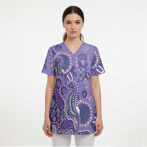 Australia Epilepsy Awareness Scrub Top Aboriginal Purple Ribbon with Seahorse - Aussie Hoodie