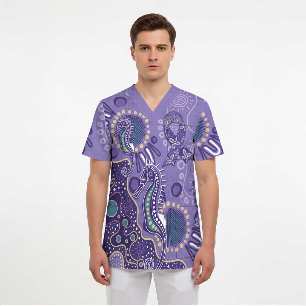 Australia Epilepsy Awareness Scrub Top Aboriginal Purple Ribbon with Seahorse - Aussie Hoodie