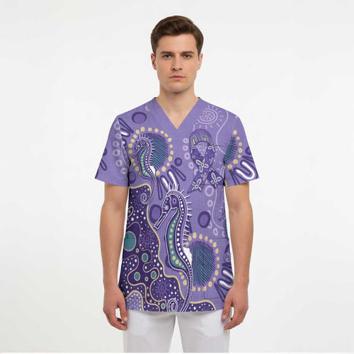 Australia Epilepsy Awareness Scrub Top Aboriginal Purple Ribbon with Seahorse - Aussie Hoodie