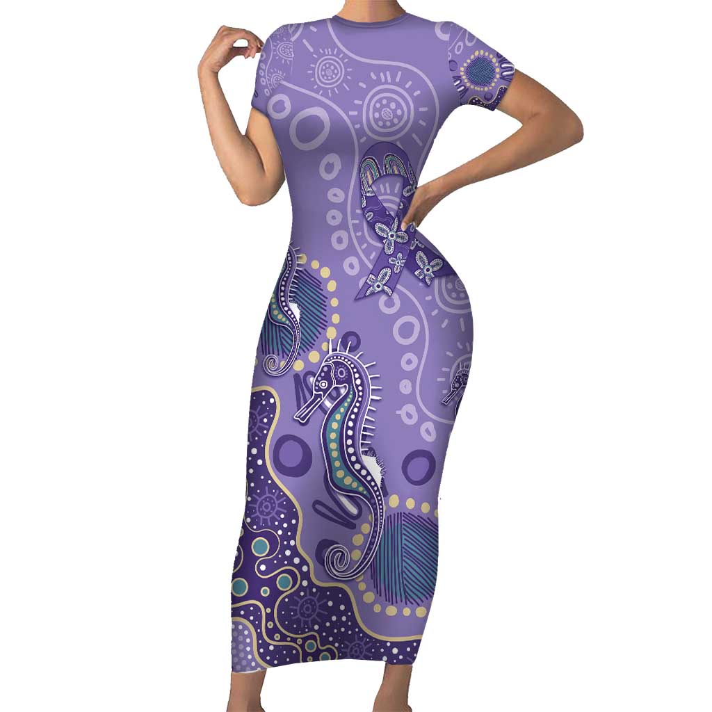 Australia Epilepsy Awareness Short Sleeve Bodycon Dress Aboriginal Purple Ribbon with Seahorse - Aussie Hoodie