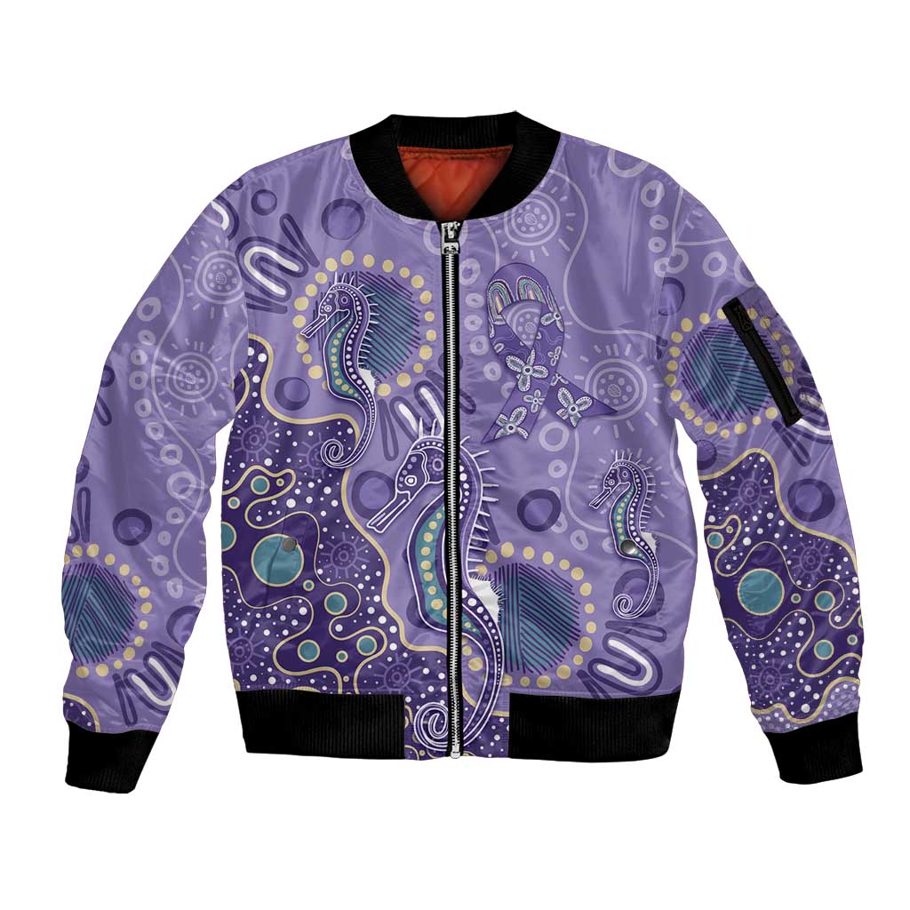 Australia Epilepsy Awareness Sleeve Zip Bomber Jacket Aboriginal Purple Ribbon with Seahorse - Aussie Hoodie