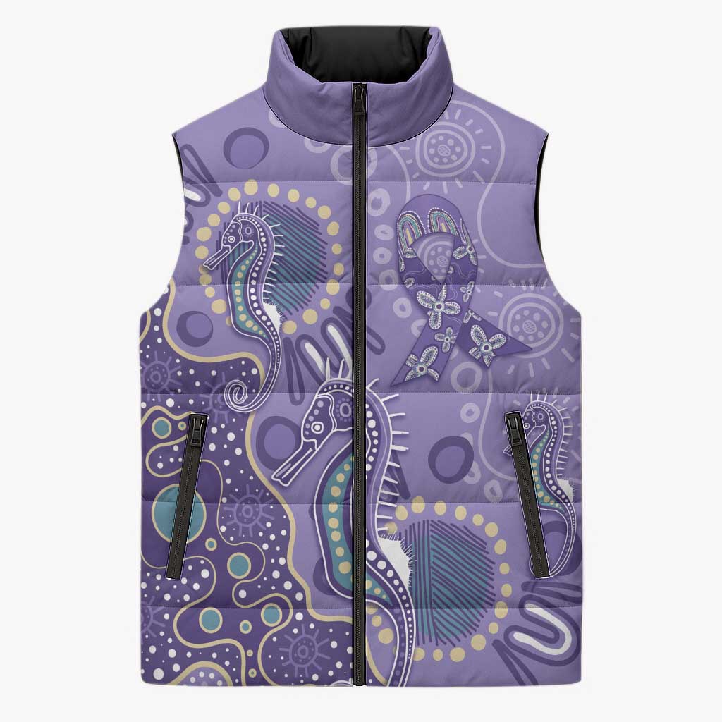 Australia Epilepsy Awareness Sleeveless Puffer Jacket Aboriginal Purple Ribbon with Seahorse - Aussie Hoodie