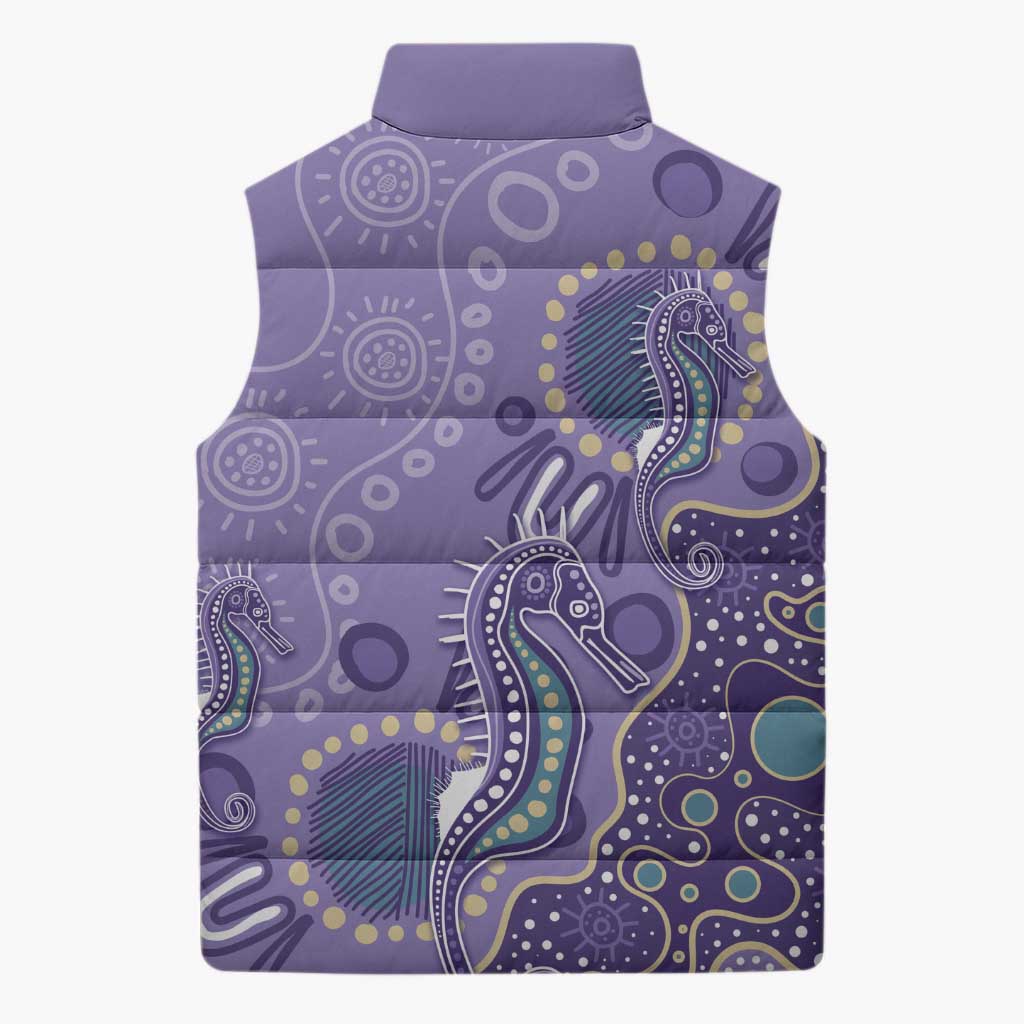 Australia Epilepsy Awareness Sleeveless Puffer Jacket Aboriginal Purple Ribbon with Seahorse - Aussie Hoodie