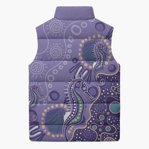Australia Epilepsy Awareness Sleeveless Puffer Jacket Aboriginal Purple Ribbon with Seahorse - Aussie Hoodie