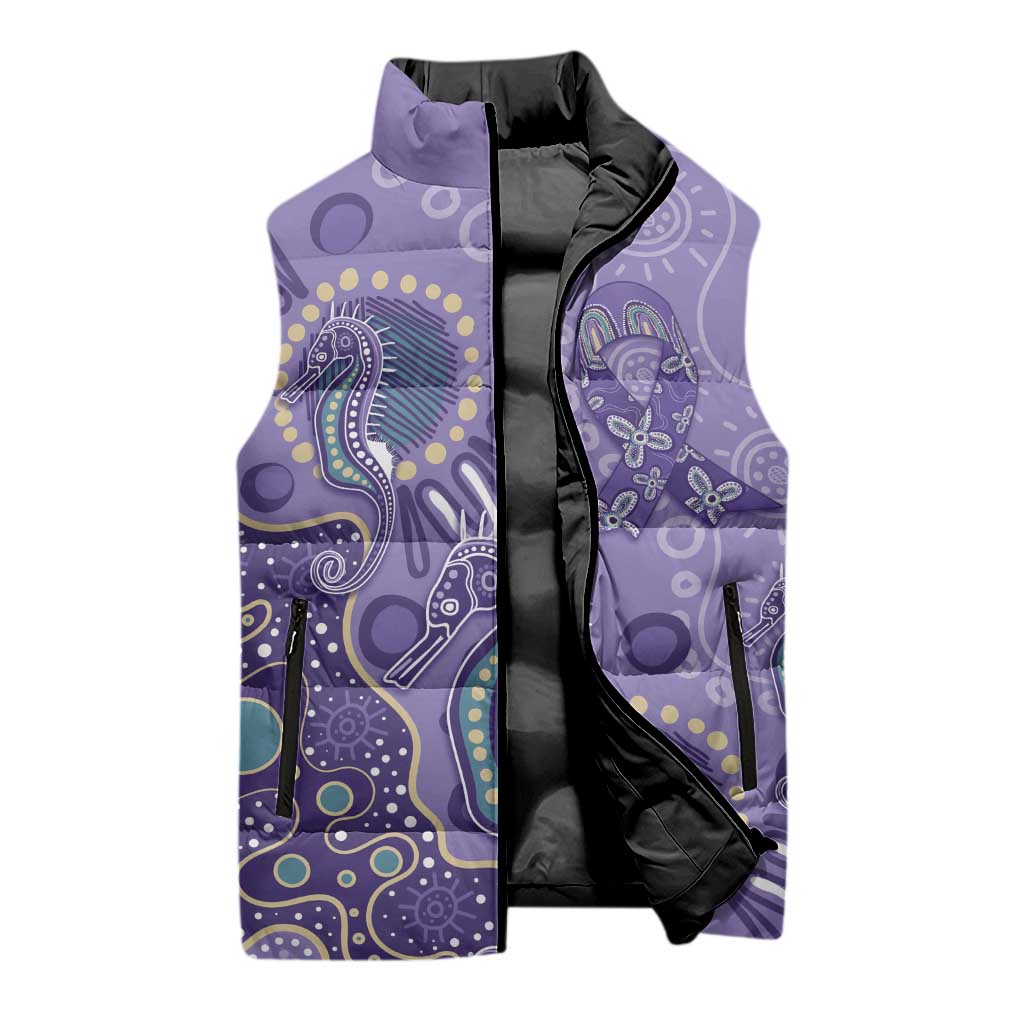 Australia Epilepsy Awareness Sleeveless Puffer Jacket Aboriginal Purple Ribbon with Seahorse - Aussie Hoodie