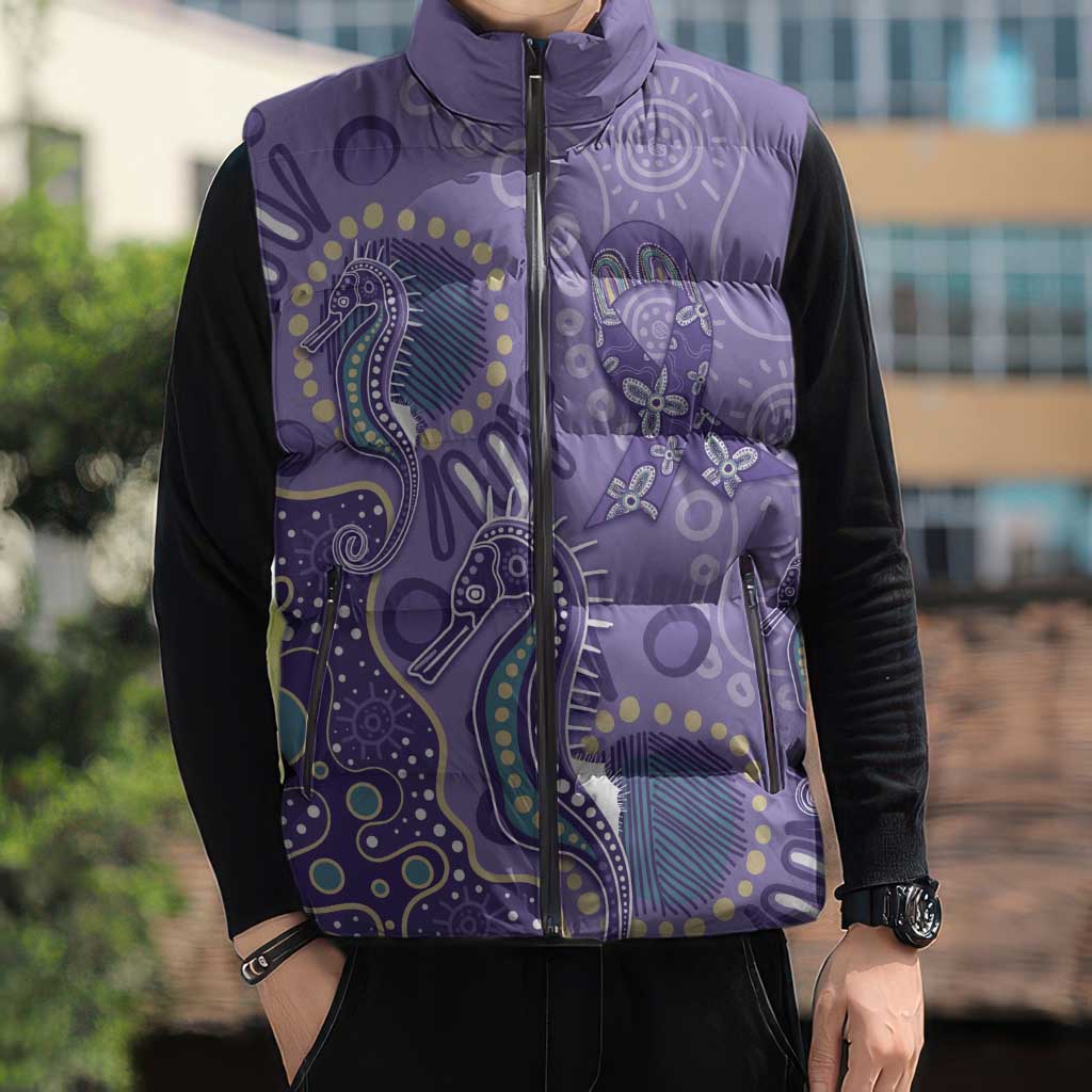 Australia Epilepsy Awareness Sleeveless Puffer Jacket Aboriginal Purple Ribbon with Seahorse - Aussie Hoodie