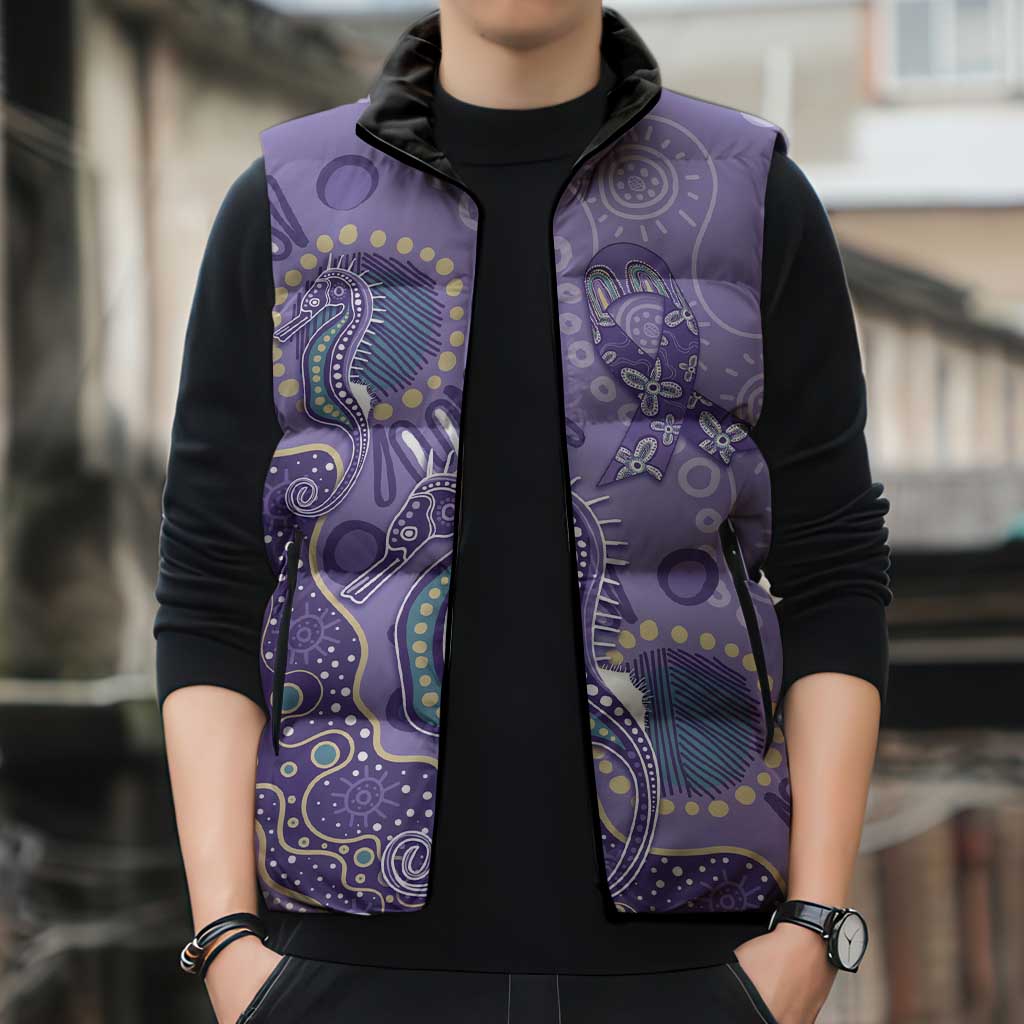 Australia Epilepsy Awareness Sleeveless Puffer Jacket Aboriginal Purple Ribbon with Seahorse - Aussie Hoodie