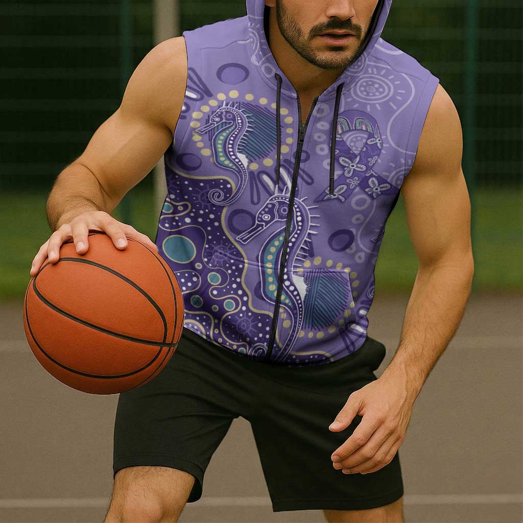 Australia Epilepsy Awareness Sleeveless Zip Hoodie Aboriginal Purple Ribbon with Seahorse LT7