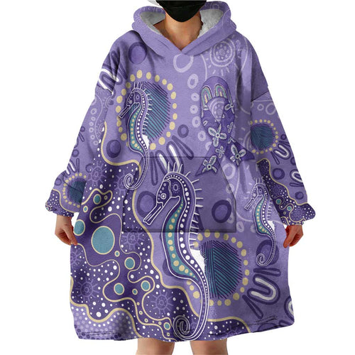 Australia Epilepsy Awareness Wearable Blanket Hoodie Aboriginal Purple Ribbon with Seahorse - Aussie Hoodie