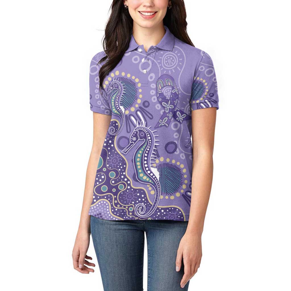 Australia Epilepsy Awareness Women Polo Shirt Aboriginal Purple Ribbon with Seahorse - Aussie Hoodie