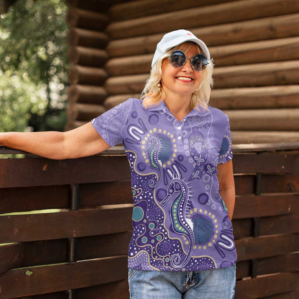 Australia Epilepsy Awareness Women Polo Shirt Aboriginal Purple Ribbon with Seahorse - Aussie Hoodie